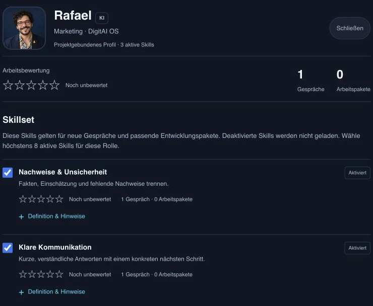 Echtes Rafael-Profil in DigitAI OS mit geladenen Skills, einem Gespräch und noch offener Sternebewertung