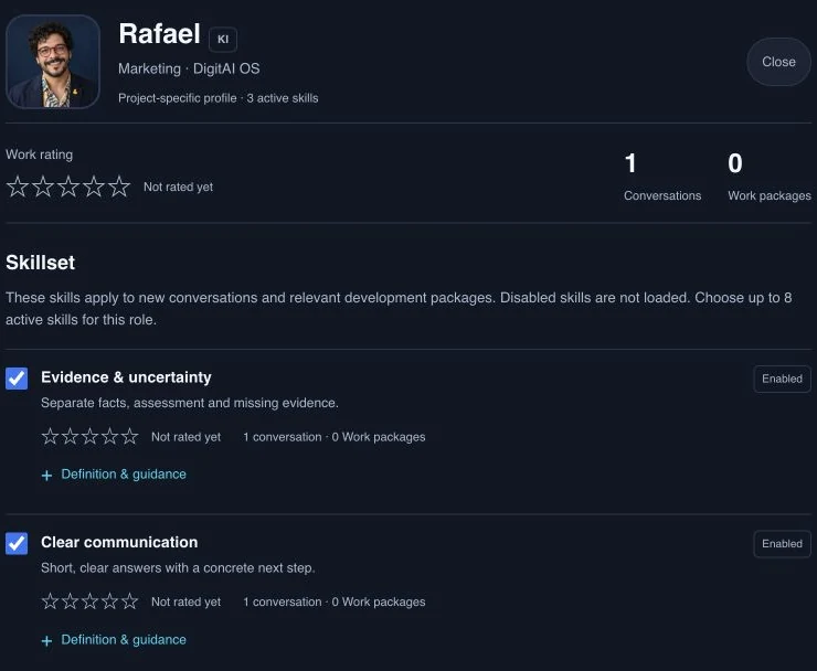 Actual Rafael profile in DigitAI OS with loaded skills, one conversation and no star rating yet