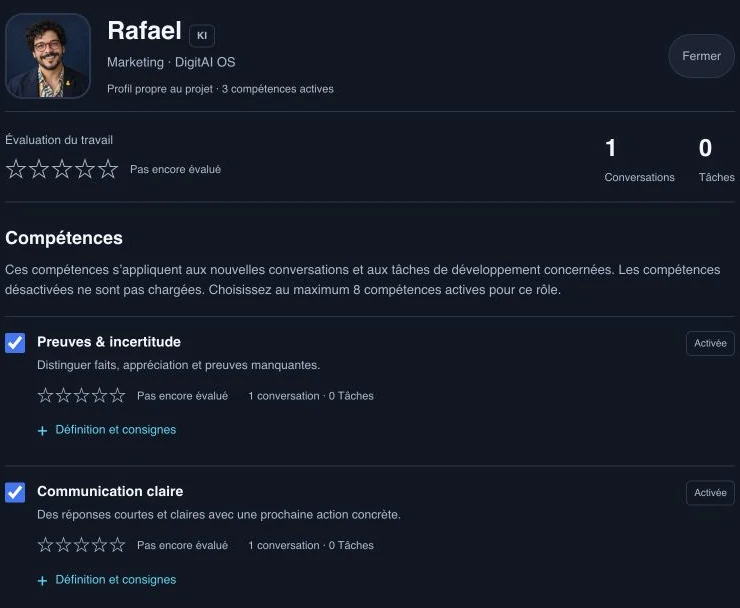 Véritable profil de Rafael dans DigitAI OS avec compétences chargées, une conversation et aucune note en étoiles